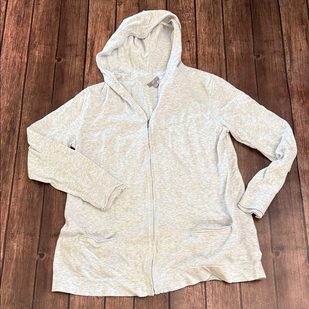 J. Jill Light Gray Zip Up Hoodie Sweater Sz L